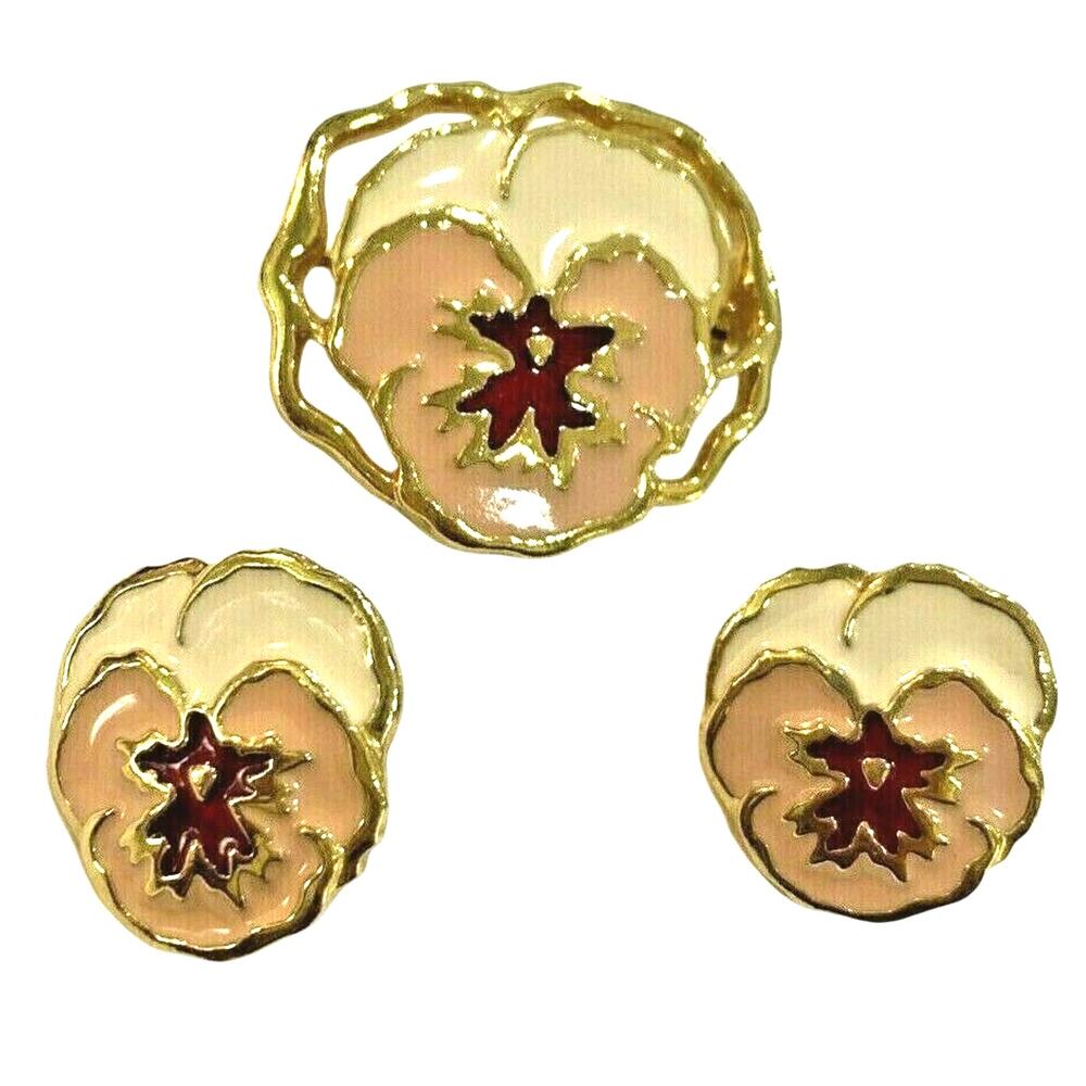 Vtg brooch & pierced earrings set enamel flowers